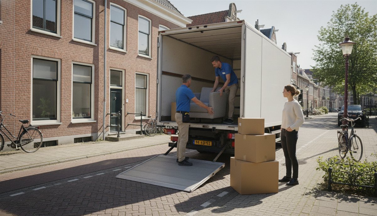 Verhuizers laden verhuisdozen en meubels in een verhuiswagen terwijl de bewoonster vanaf de stoep meekijkt
