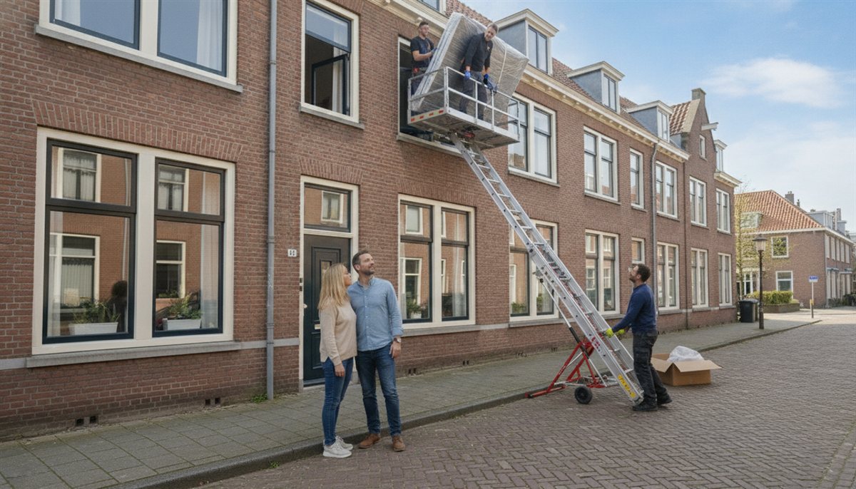 Verhuizers brengen met een verhuislift aan de gevel meubels naar de bovenverdieping van een woning