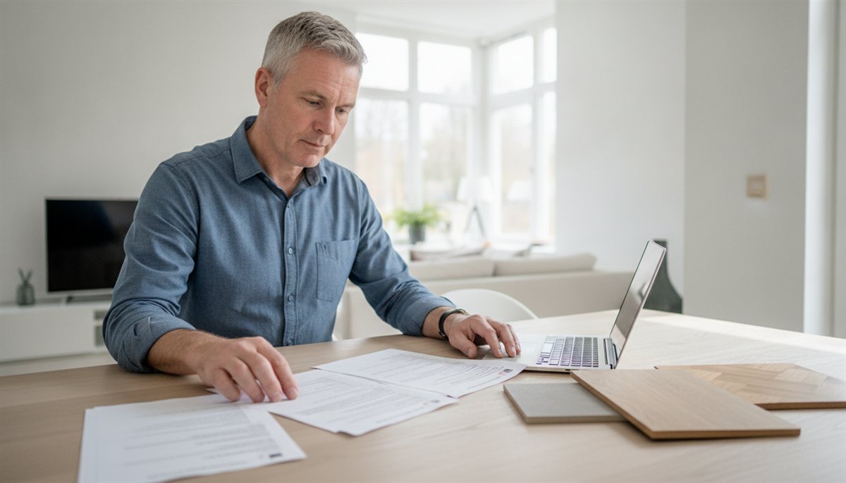 Huiseigenaar legt meerdere vloer-offertes en vloerstalen van PVC, laminaat en parket naast elkaar