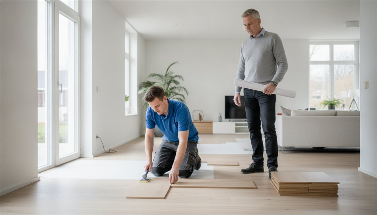 Vloerlegger klikt een PVC- of laminaatvloer in elkaar in een lichte woonkamer