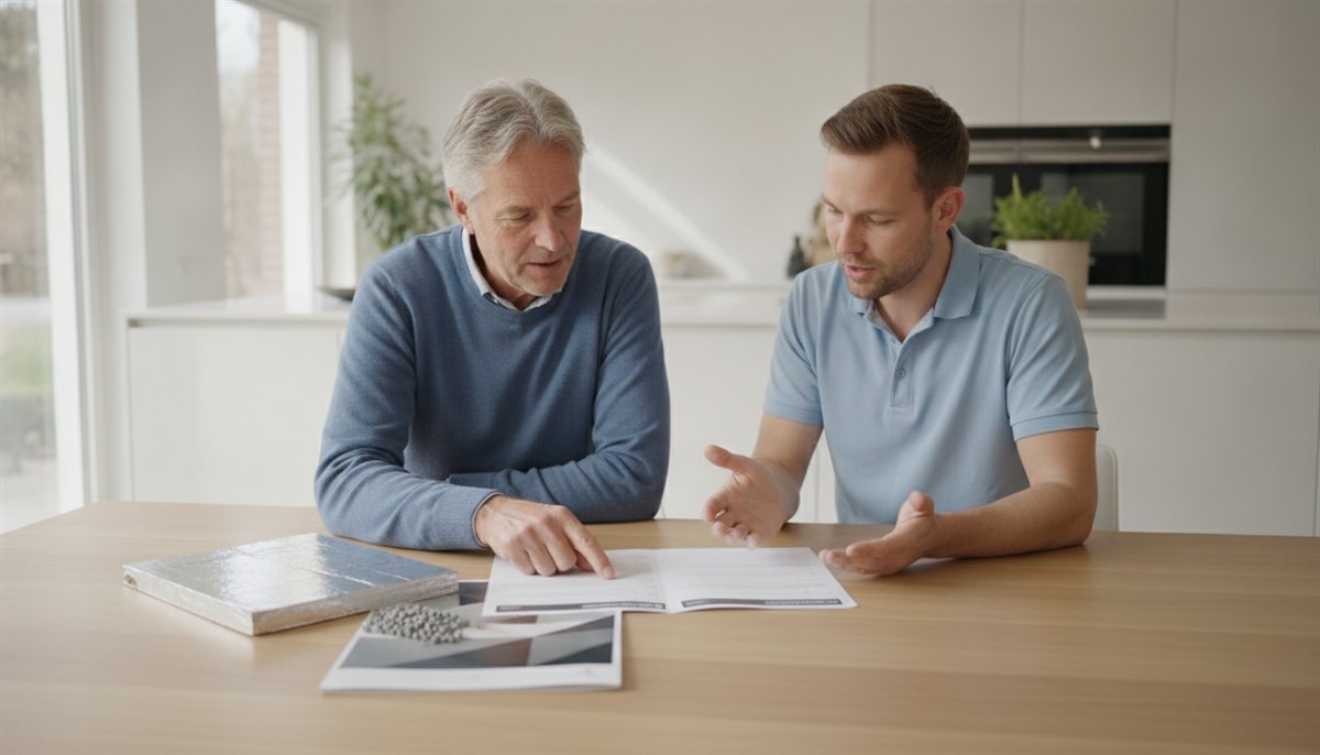 Huiseigenaar en isolatieadviseur bekijken samen de vloerisolatie-offerte met een materiaalstaal aan de keukentafel