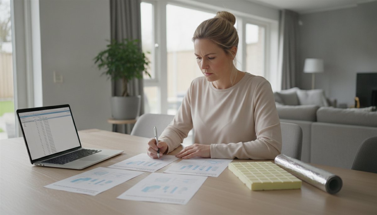 Huiseigenaresse legt thuis meerdere vloerisolatie-offertes naast elkaar aan de eettafel met laptop