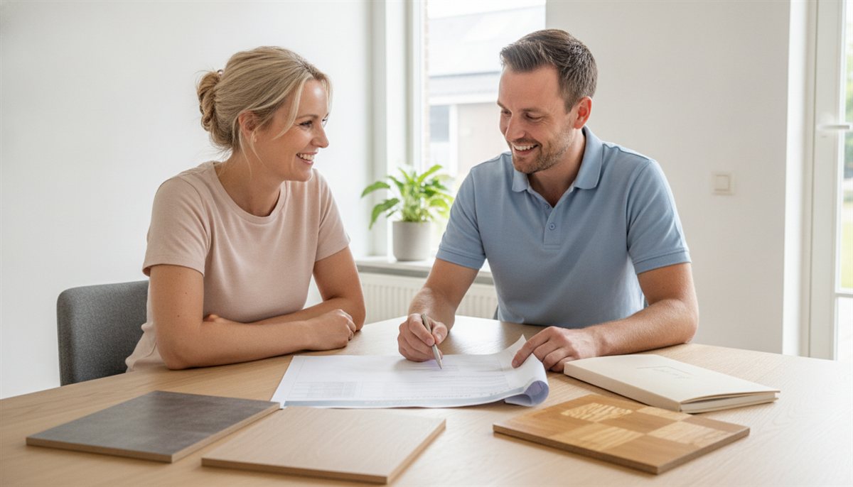 Huiseigenaresse en vloerlegger bespreken de vloer-offerte met monsters van PVC, laminaat en parket aan tafel
