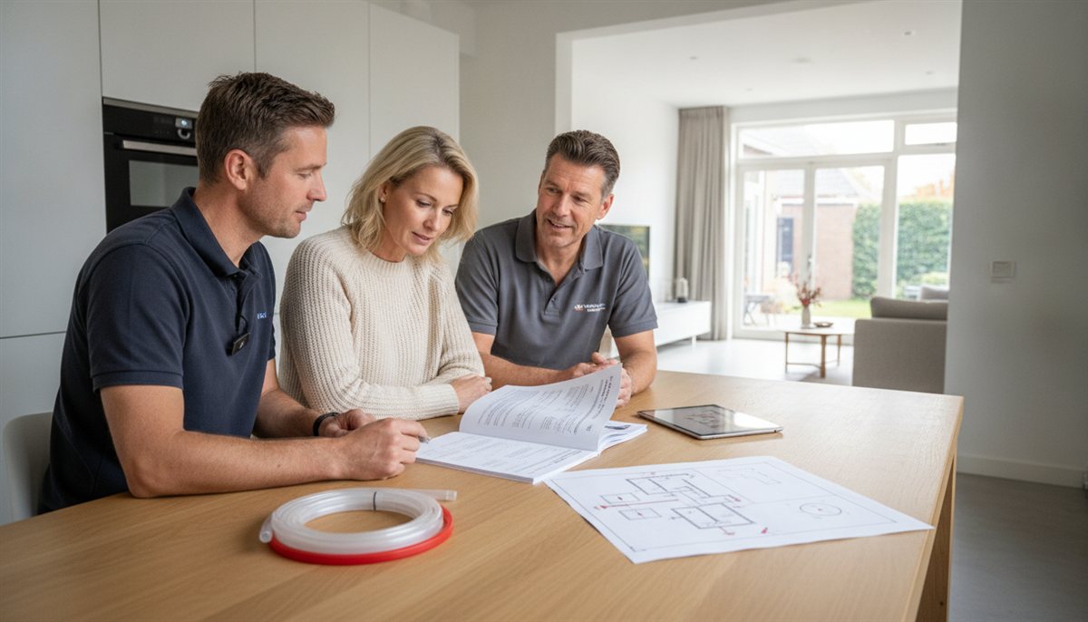 Huiseigenaren en vloerverwarming-installateur bespreken samen de offerte en het verdelerschema aan de keukentafel