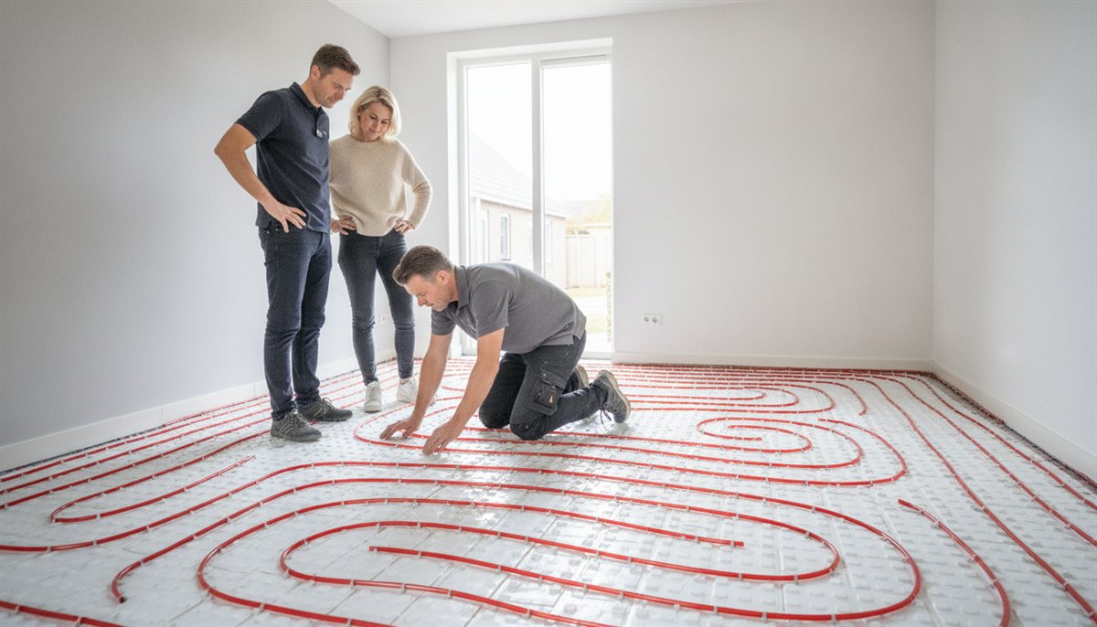 Installateur legt vloerverwarmingsslangen op een noppenplaat terwijl de huiseigenaren toekijken