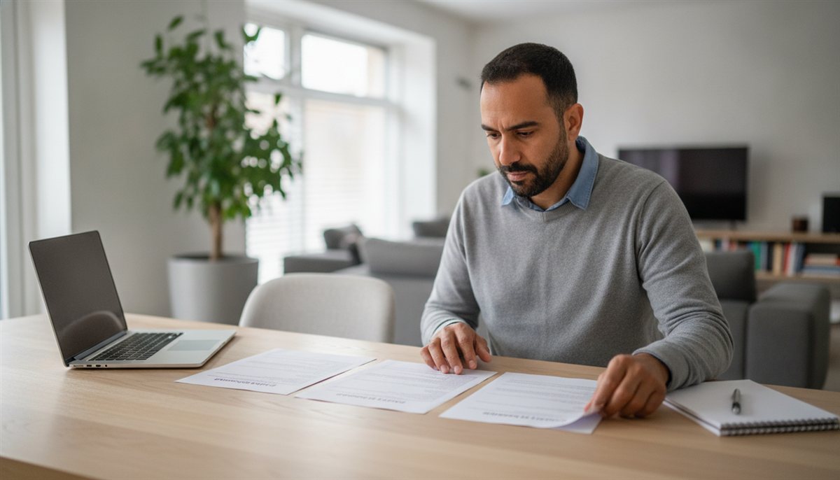 Huiseigenaar vergelijkt meerdere vloerverwarming-offertes naast elkaar aan de eettafel met laptop