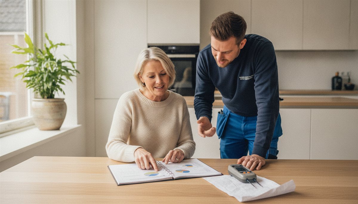 Huiseigenaresse en vochtspecialist bespreken samen de vochtbestrijding-offerte en het vochtrapport aan tafel