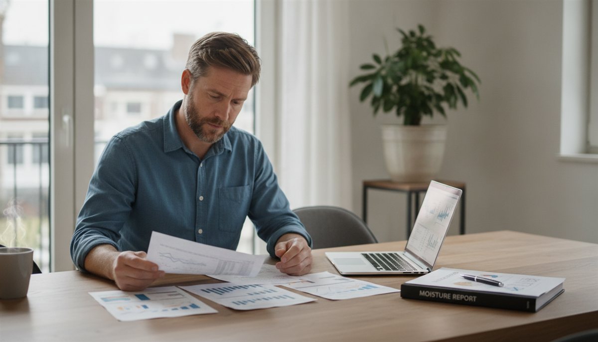 Huiseigenaar legt meerdere vochtbestrijding-offertes naast elkaar aan de eettafel met laptop