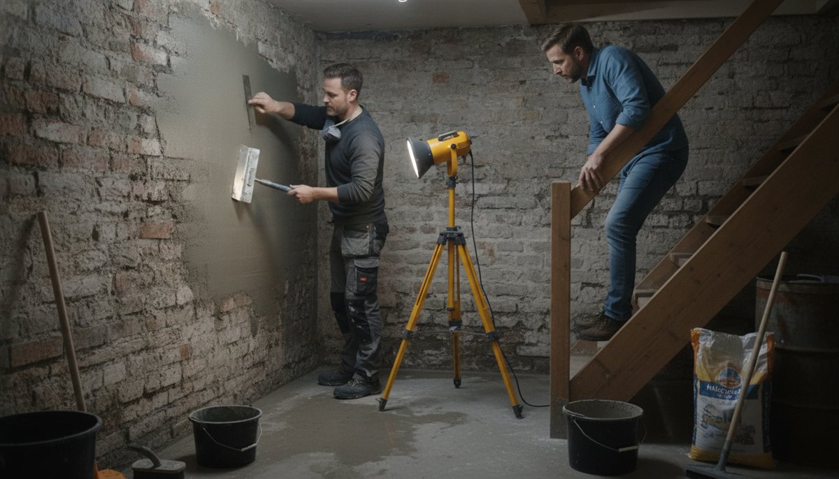 Vochtspecialist behandelt een kelderwand met kelderdichting terwijl de huiseigenaar meekijkt