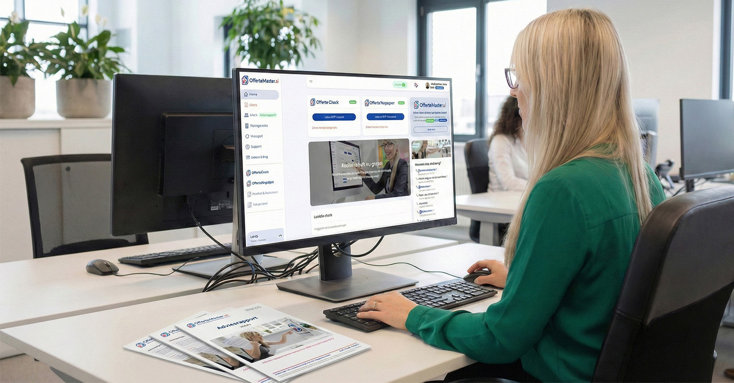 Vrouw controleert een offerte op prijs, kwaliteit, betrouwbaarheid en verborgen kosten met OfferteMaster.ai