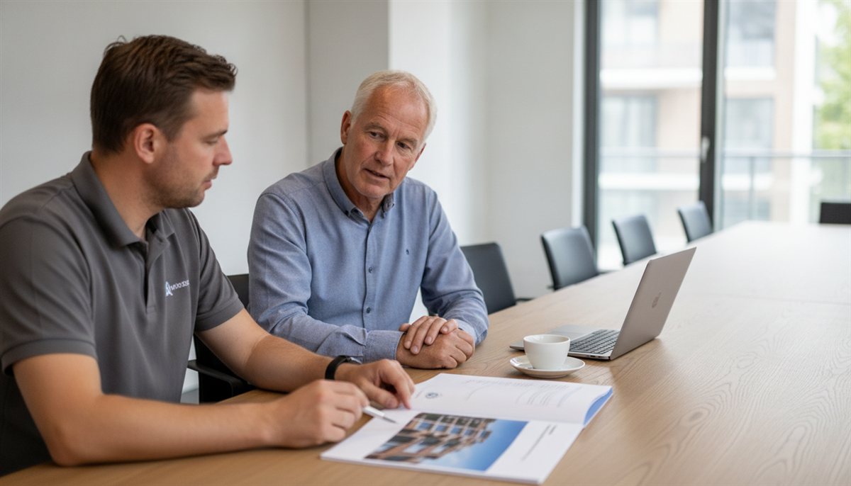 VvE-bestuurder controleert samen met een onderhoudsadviseur een onderhoudsofferte en MJOP-rapport in de vergaderruimte