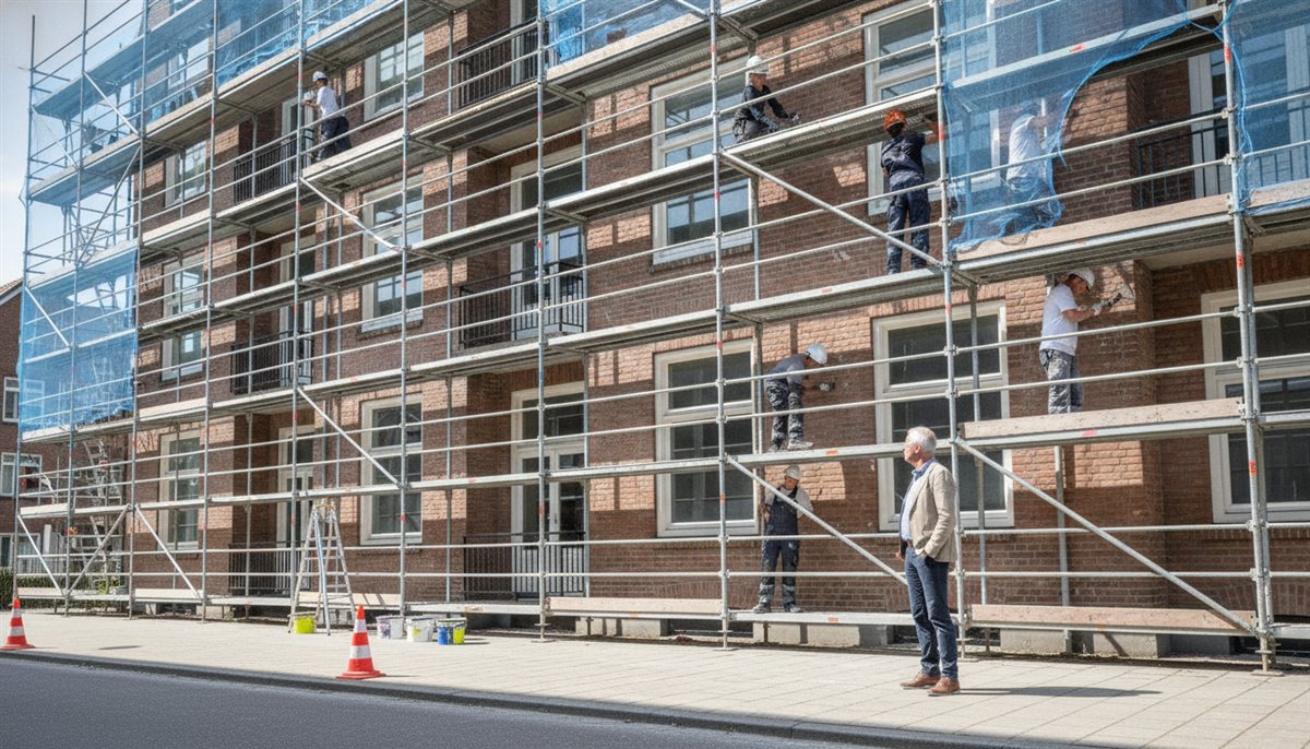 Schilders en onderhoudsmensen werken op een steiger langs de gevel van een appartementencomplex terwijl de VvE-bestuurder vanaf de begane grond meekijkt