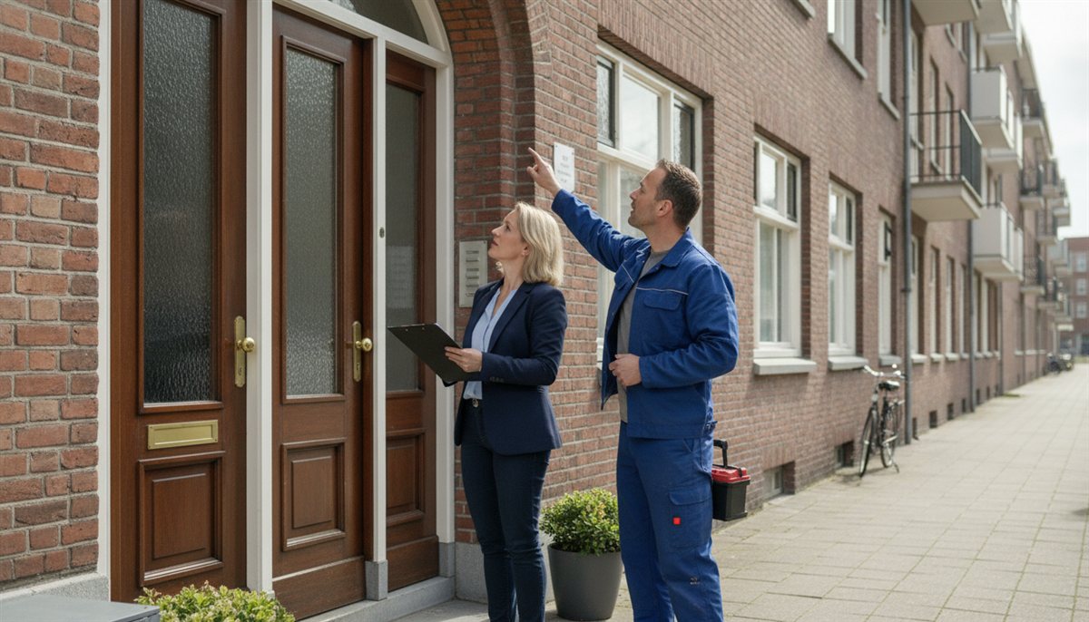 VvE-beheerder bespreekt met een aannemer bij de entree van een appartementencomplex de staat van de gevel