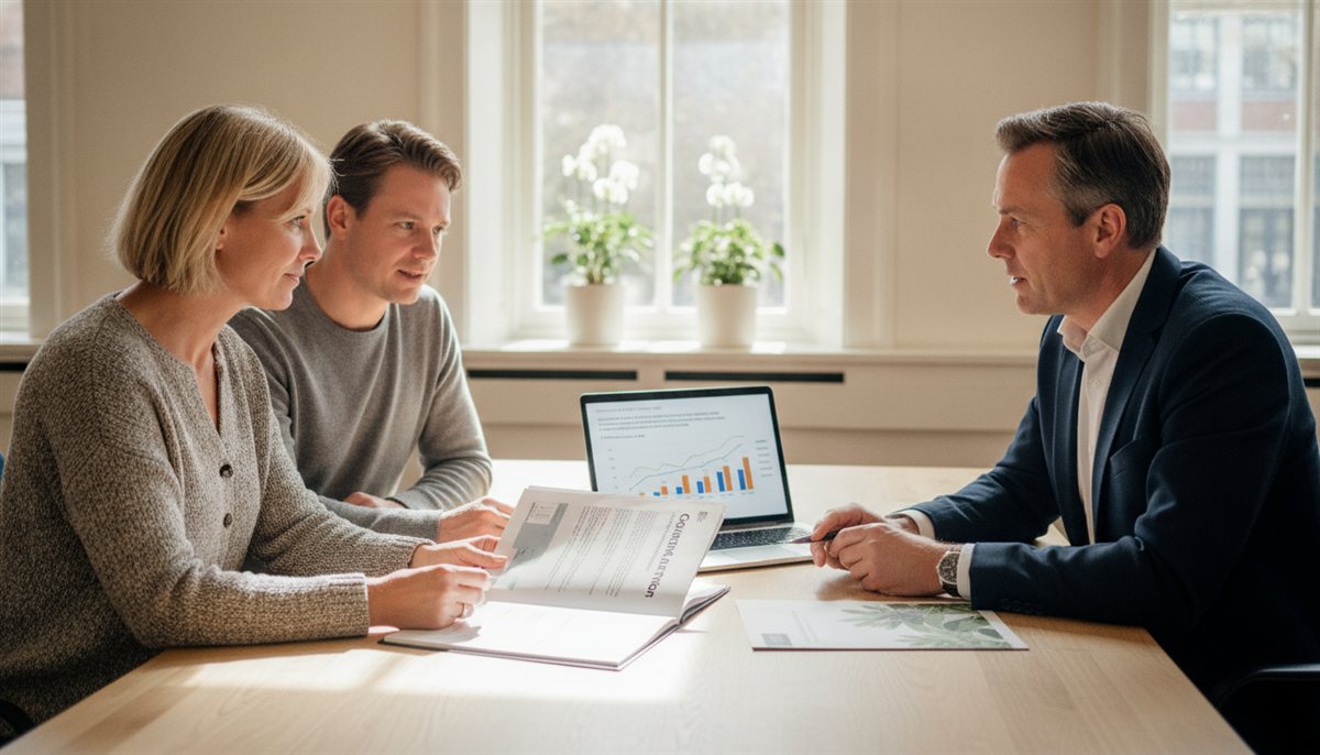 VvE-leden bespreken samen met een energieadviseur de verduurzamingsofferte in de gemeenschappelijke vergaderruimte