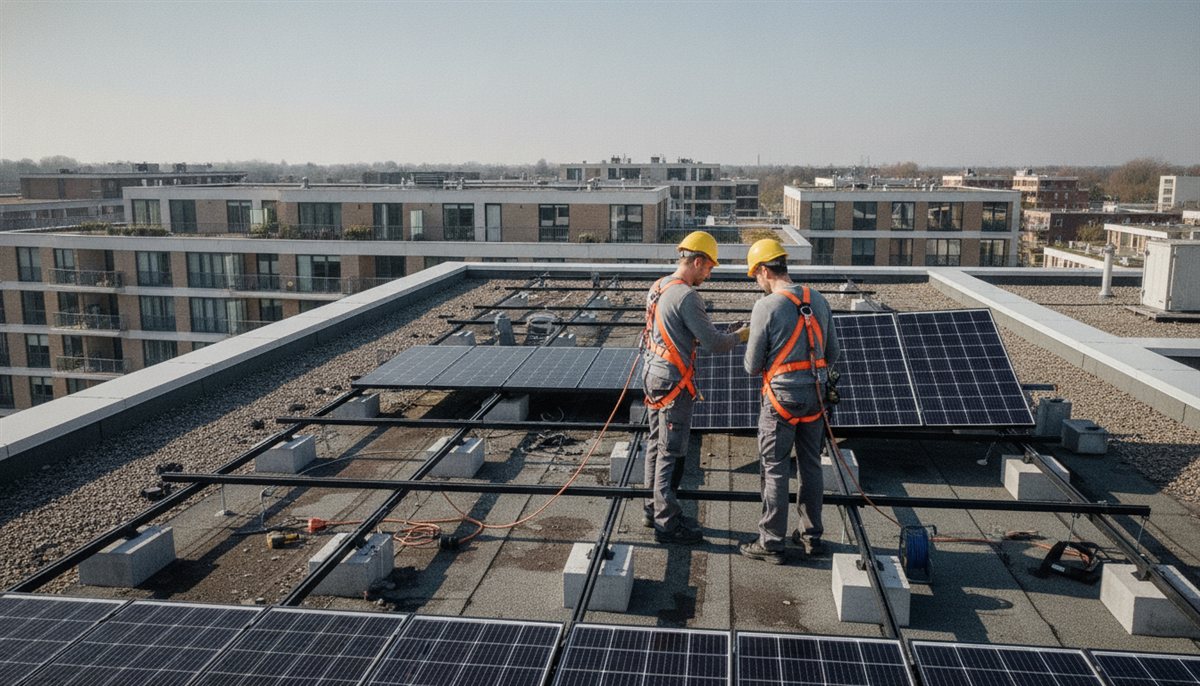 Monteurs plaatsen zonnepanelen op het platte dak van een Nederlands appartementencomplex