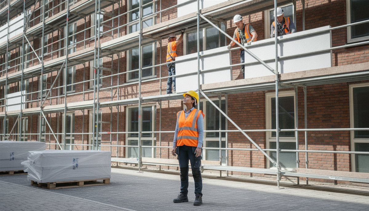 VvE-bestuurslid kijkt vanaf de grond toe bij gevelisolatie-werkzaamheden op een steiger aan een appartementencomplex