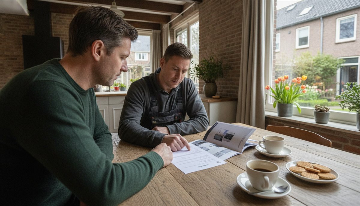 Huiseigenaar en installateur controleren samen de warmtepomp-offerte aan de keukentafel