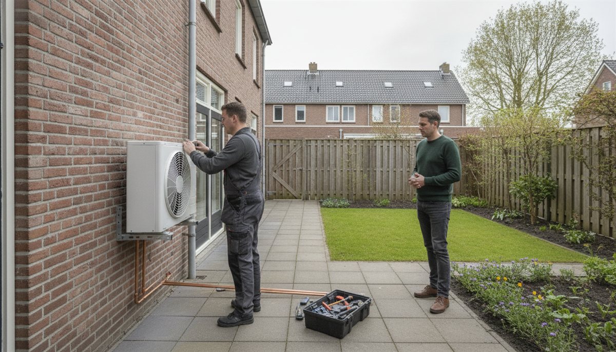 Installateur monteert de buitenunit van de warmtepomp naast de woning terwijl de huiseigenaar toekijkt