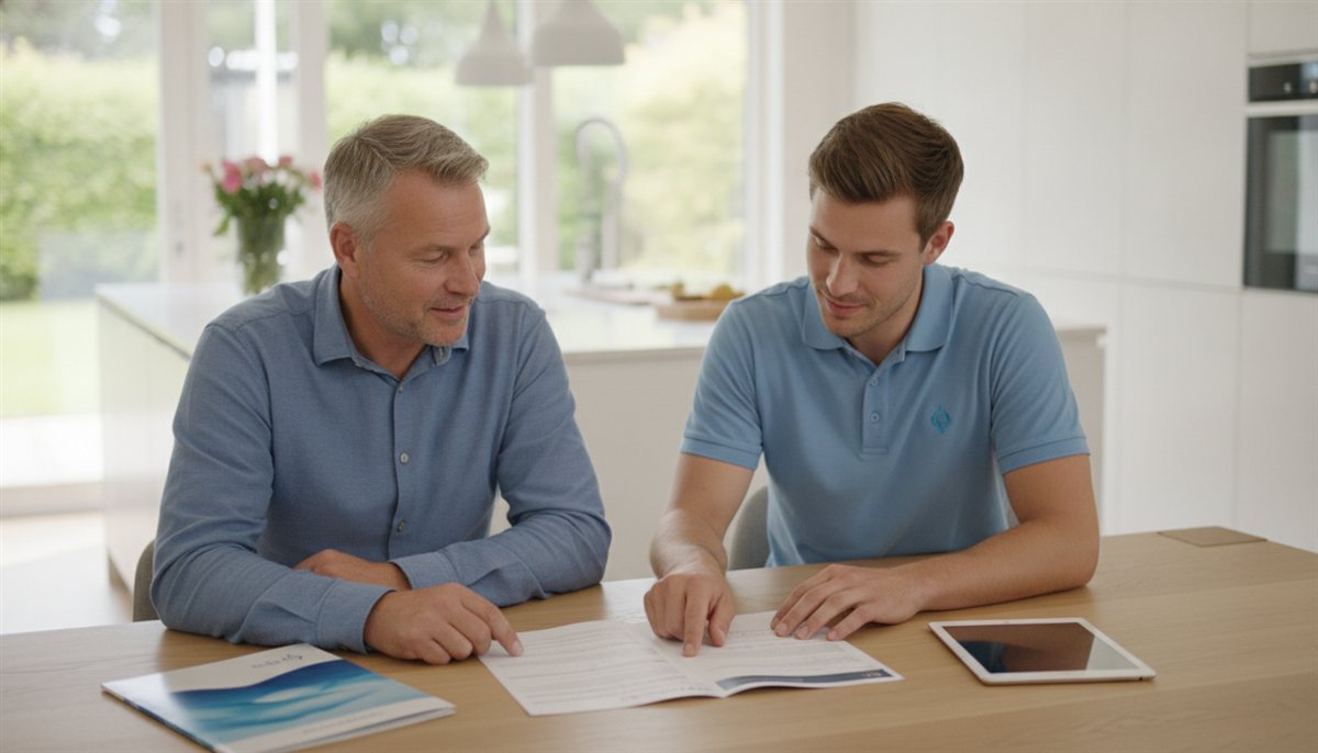 Huiseigenaar en installateur bekijken samen de waterontharder-offerte en brochure aan de keukentafel