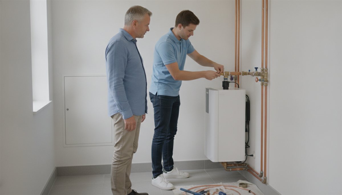 Installateur sluit een waterontharder aan op de waterleiding in de bijkeuken terwijl de huiseigenaar toekijkt