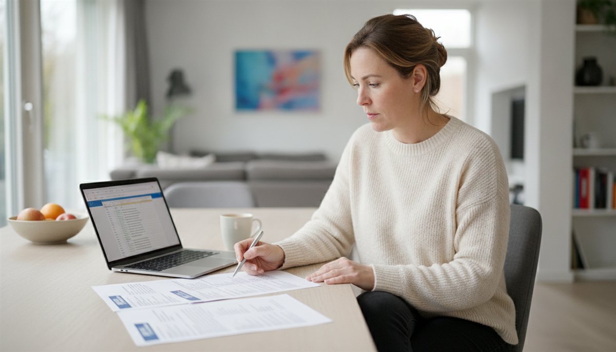 Huiseigenaresse legt meerdere waterontharder-offertes naast elkaar aan de eettafel met laptop