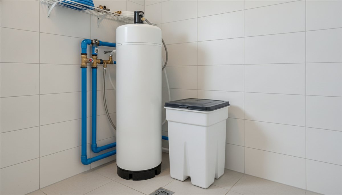 Waterontharder-installatie met zoutvat in een technische ruimte, aangesloten op de waterleiding