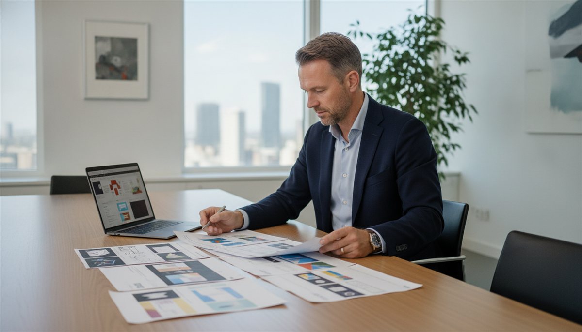 Ondernemer legt in een vergaderruimte meerdere webdesign-offertes naast elkaar met printouts en een laptop
