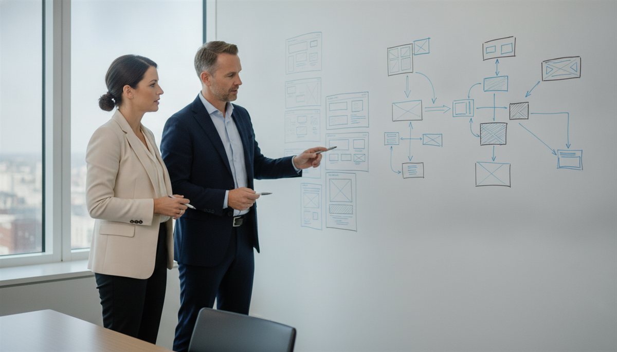 Twee collega's vergelijken webdesign-offertes bij een whiteboard met wireframe-schetsen en een sitemap