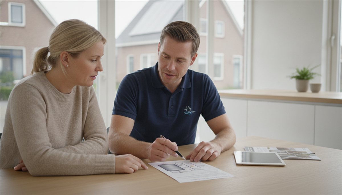 Stel en zonneboiler-installateur bespreken samen de offerte en het schema van collector en voorraadvat aan de keukentafel