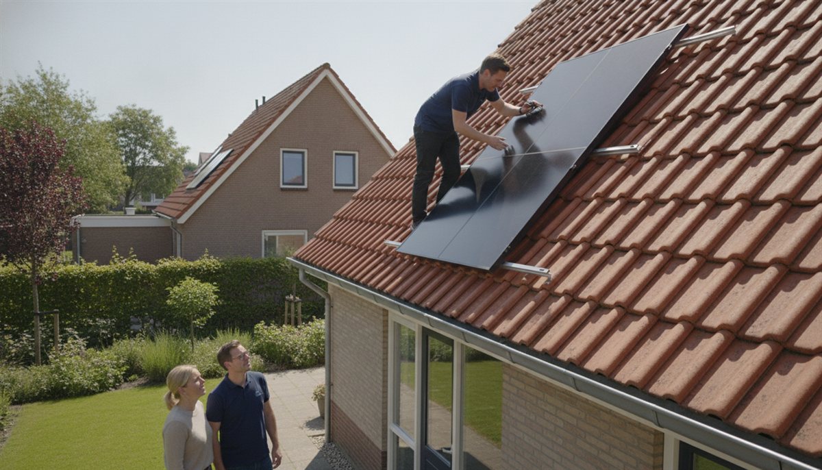 Installateur monteert een zonnecollector op het schuine dak terwijl het stel vanaf de grond toekijkt