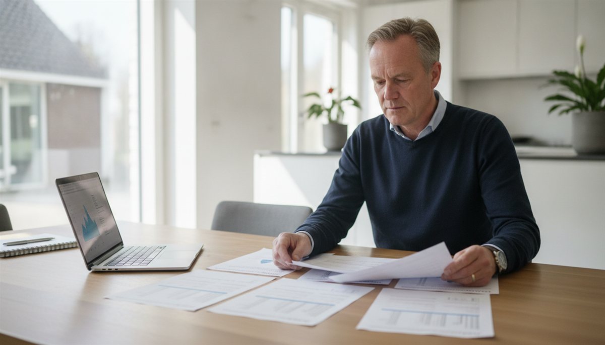 Man legt meerdere zonneboiler-offertes naast elkaar aan de eettafel met laptop