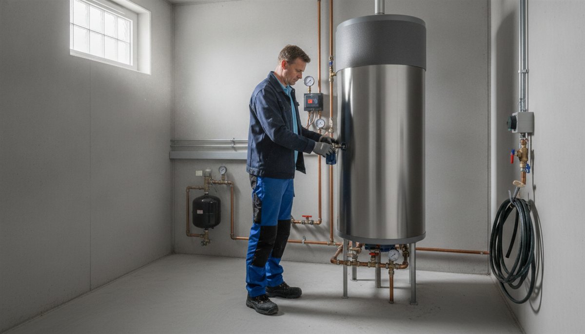 Installateur bij een voorraadvat van een zonneboiler in een technische ruimte, controleert de aansluitingen