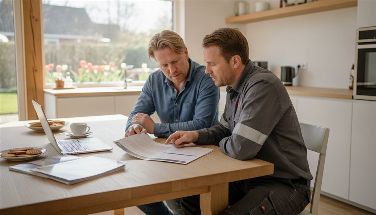 Huiseigenaar en zonnepanelen-installateur bekijken samen de offerte aan de keukentafel
