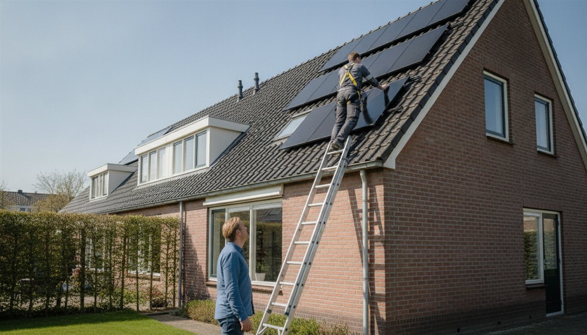 Installateur monteert zonnepanelen op het dak terwijl de huiseigenaar vanaf de grond toekijkt