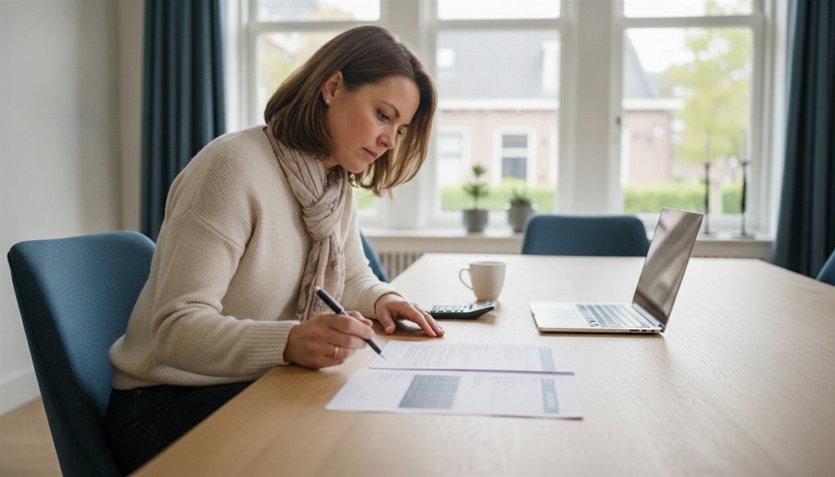 Huiseigenaresse vergelijkt drie zonnepanelen-offertes naast elkaar aan de eettafel met laptop