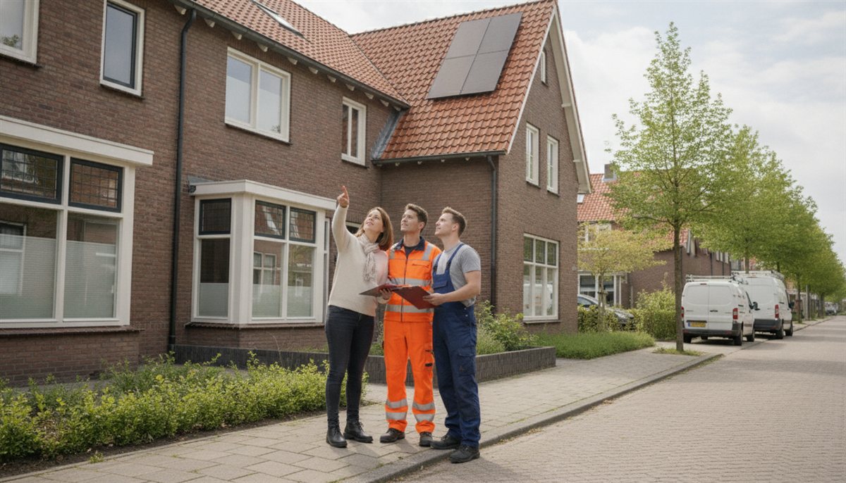 Huiseigenaresse vergelijkt twee zonnepanelen-installateurs in gesprek bij haar woning en wijst naar het dak